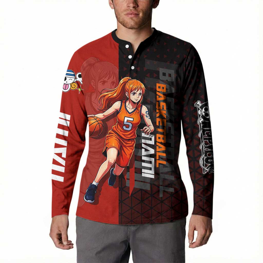 Nami One Piece Basketball Theme Red and Black Design Button Sweatshirt with Action Pose and Straw Hat Logo - The Mazicc