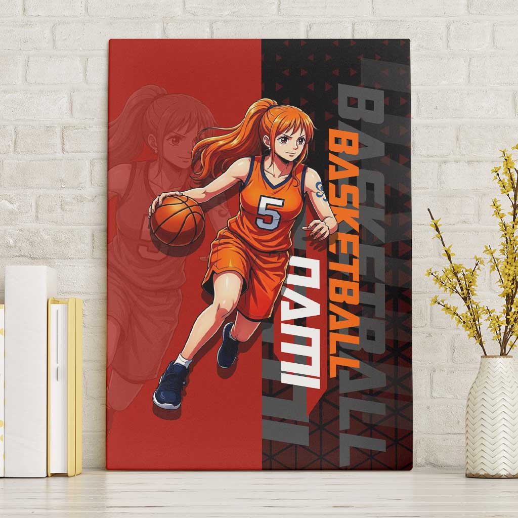 Nami One Piece Basketball Theme Red and Black Design Canvas Wall Art with Action Pose and Straw Hat Logo - The Mazicc