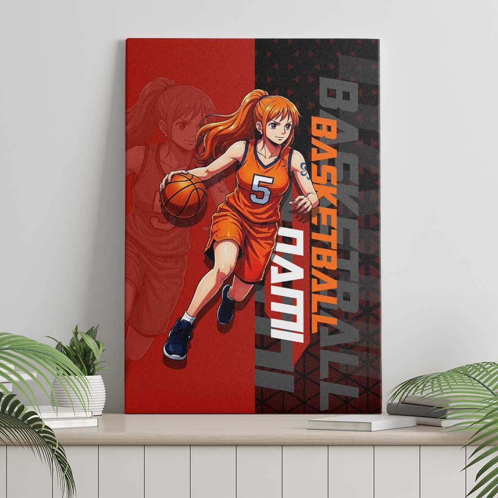 Nami One Piece Basketball Theme Red and Black Design Canvas Wall Art with Action Pose and Straw Hat Logo - The Mazicc