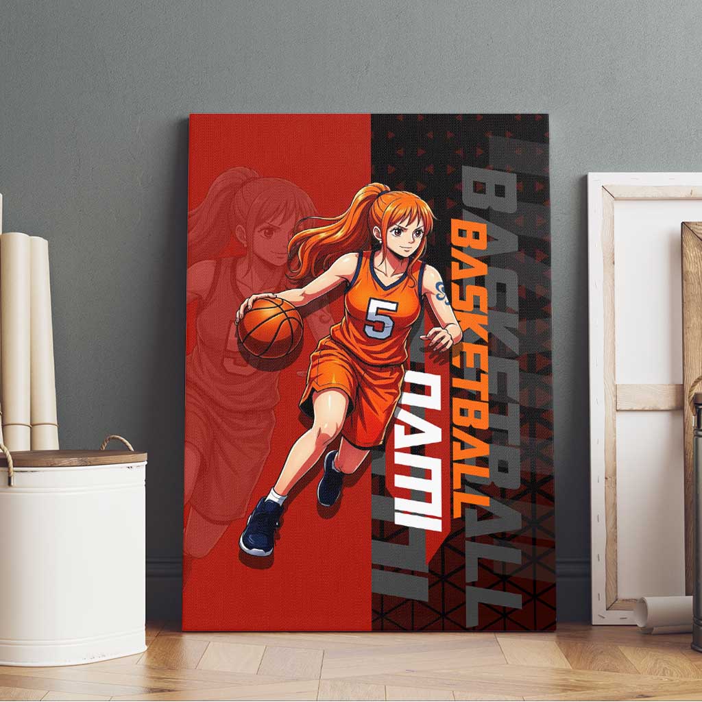 Nami One Piece Basketball Theme Red and Black Design Canvas Wall Art with Action Pose and Straw Hat Logo - The Mazicc