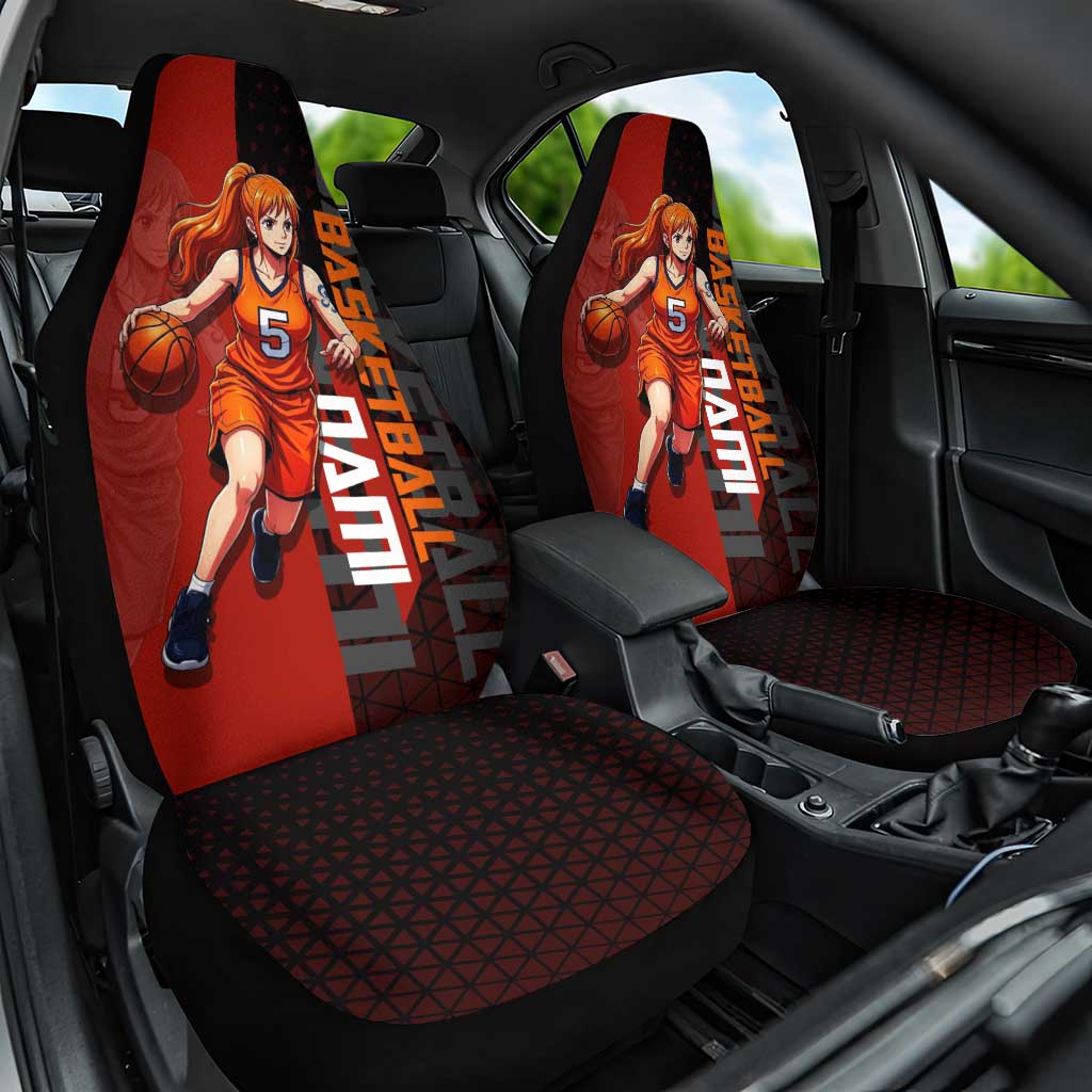 Nami One Piece Basketball Theme Red and Black Design Car Seat Cover with Action Pose and Straw Hat Logo - The Mazicc