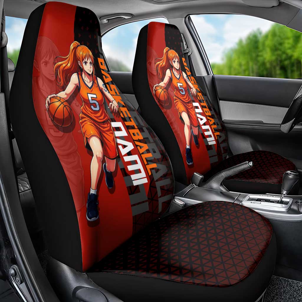 Nami One Piece Basketball Theme Red and Black Design Car Seat Cover with Action Pose and Straw Hat Logo - The Mazicc