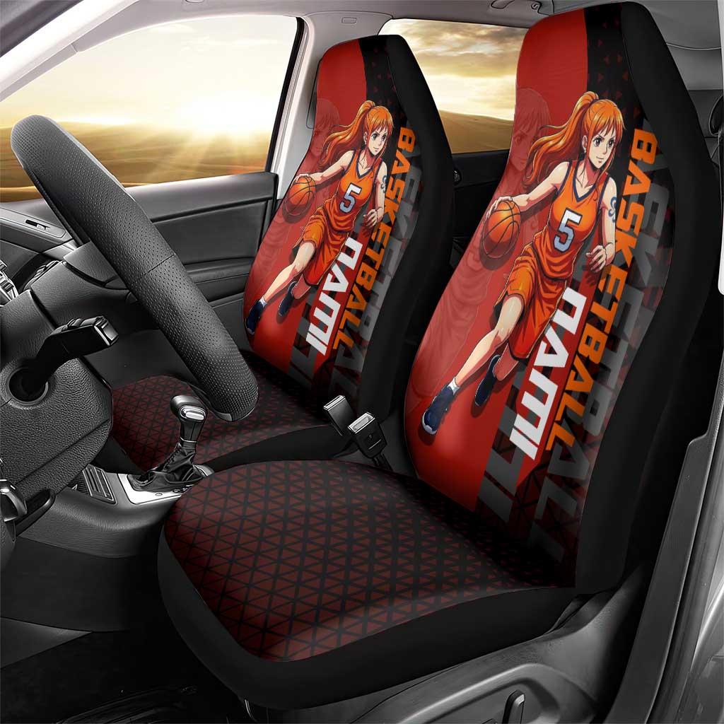 Nami One Piece Basketball Theme Red and Black Design Car Seat Cover with Action Pose and Straw Hat Logo - The Mazicc
