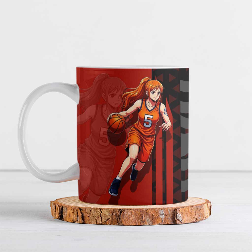 Nami One Piece Basketball Theme Red and Black Design Ceramic Mug with Action Pose and Straw Hat Logo - The Mazicc