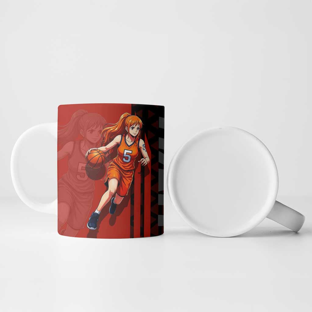 Nami One Piece Basketball Theme Red and Black Design Ceramic Mug with Action Pose and Straw Hat Logo - The Mazicc