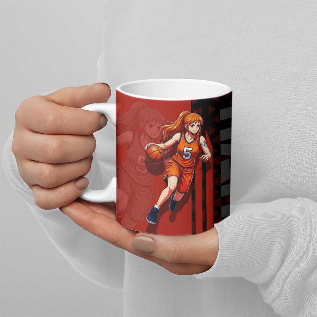 Nami One Piece Basketball Theme Red and Black Design Ceramic Mug with Action Pose and Straw Hat Logo - The Mazicc