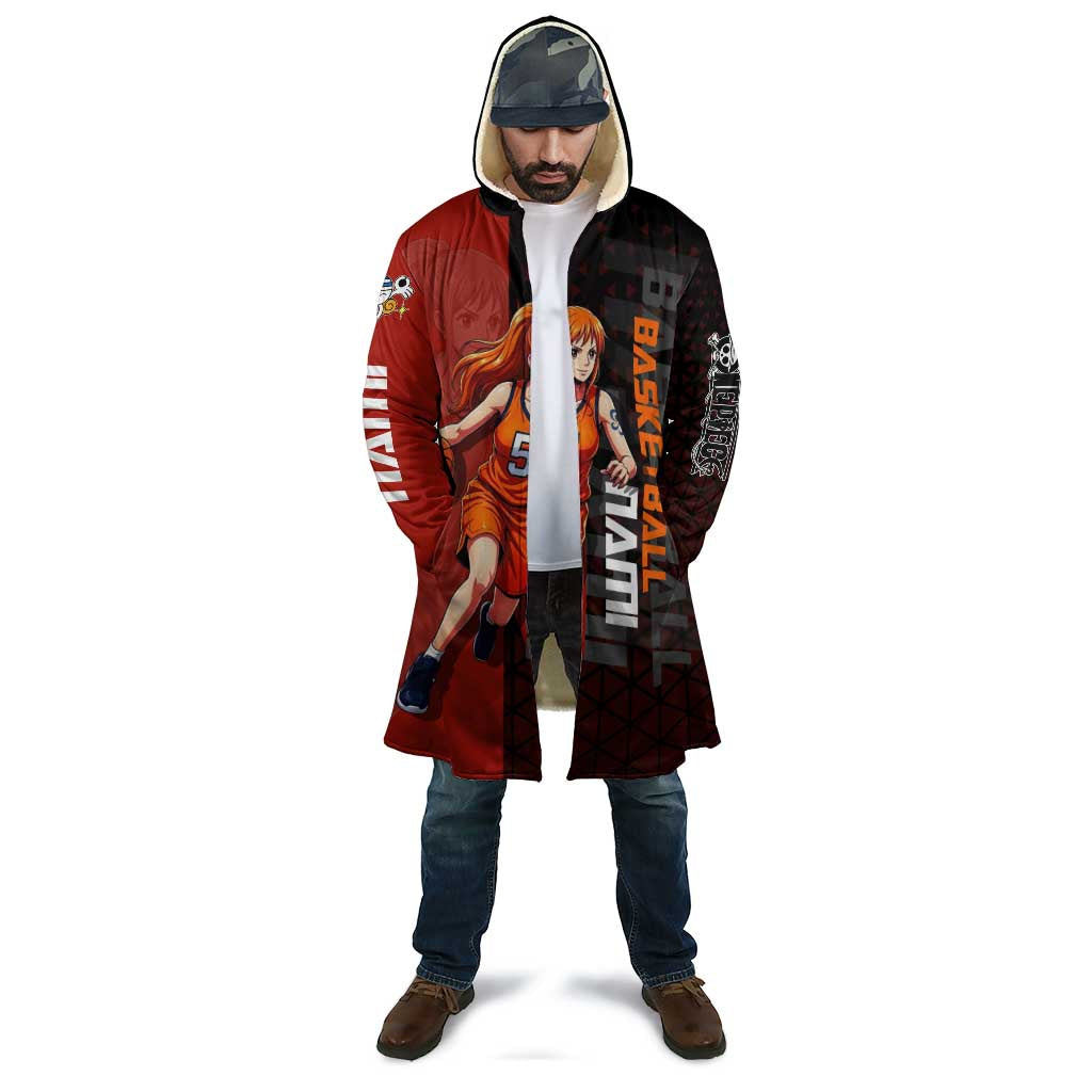 Nami One Piece Basketball Theme Red and Black Design Cloak with Action Pose and Straw Hat Logo - The Mazicc