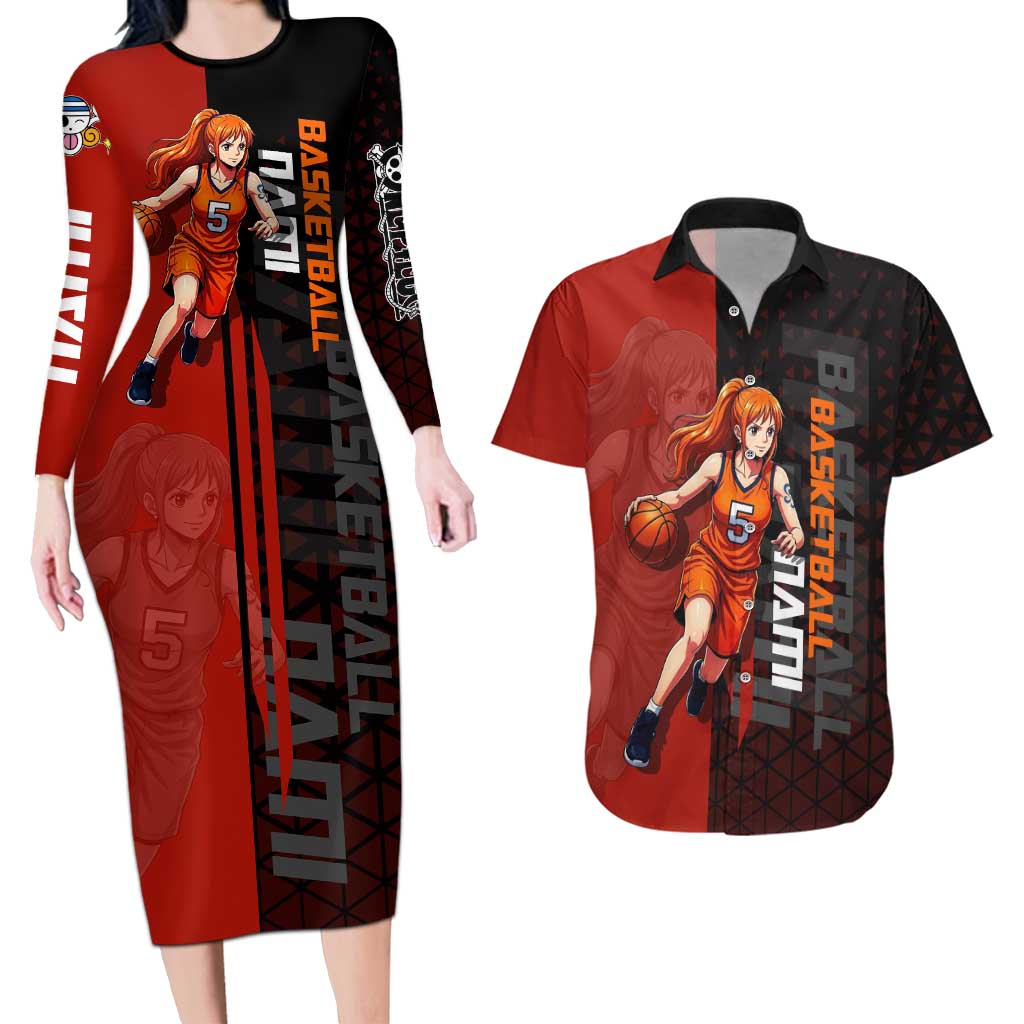 Nami One Piece Basketball Theme Red and Black Design Couples Matching Long Sleeve Bodycon Dress and Hawaiian Shirt with Action Pose and Straw Hat Logo - The Mazicc