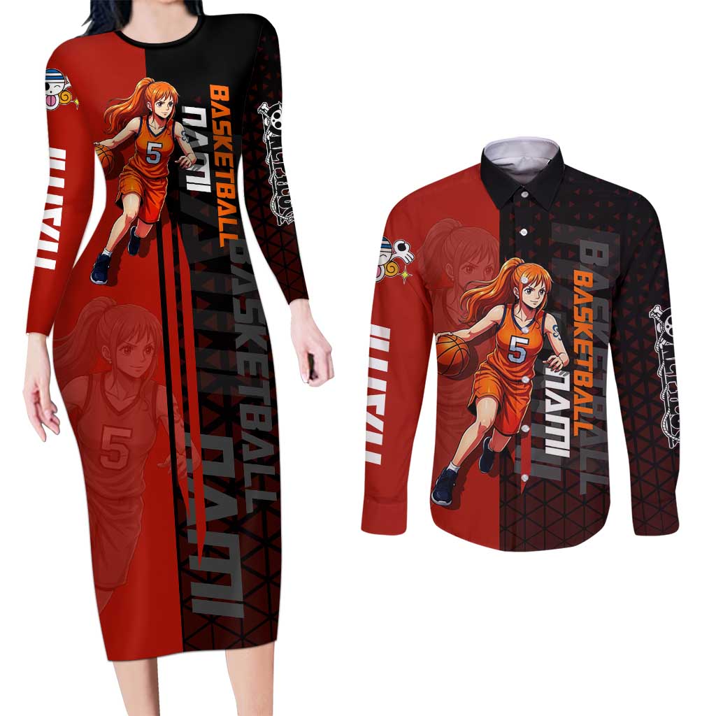 Nami One Piece Basketball Theme Red and Black Design Couples Matching Long Sleeve Bodycon Dress and Long Sleeve Button Shirt with Action Pose and Straw Hat Logo - The Mazicc