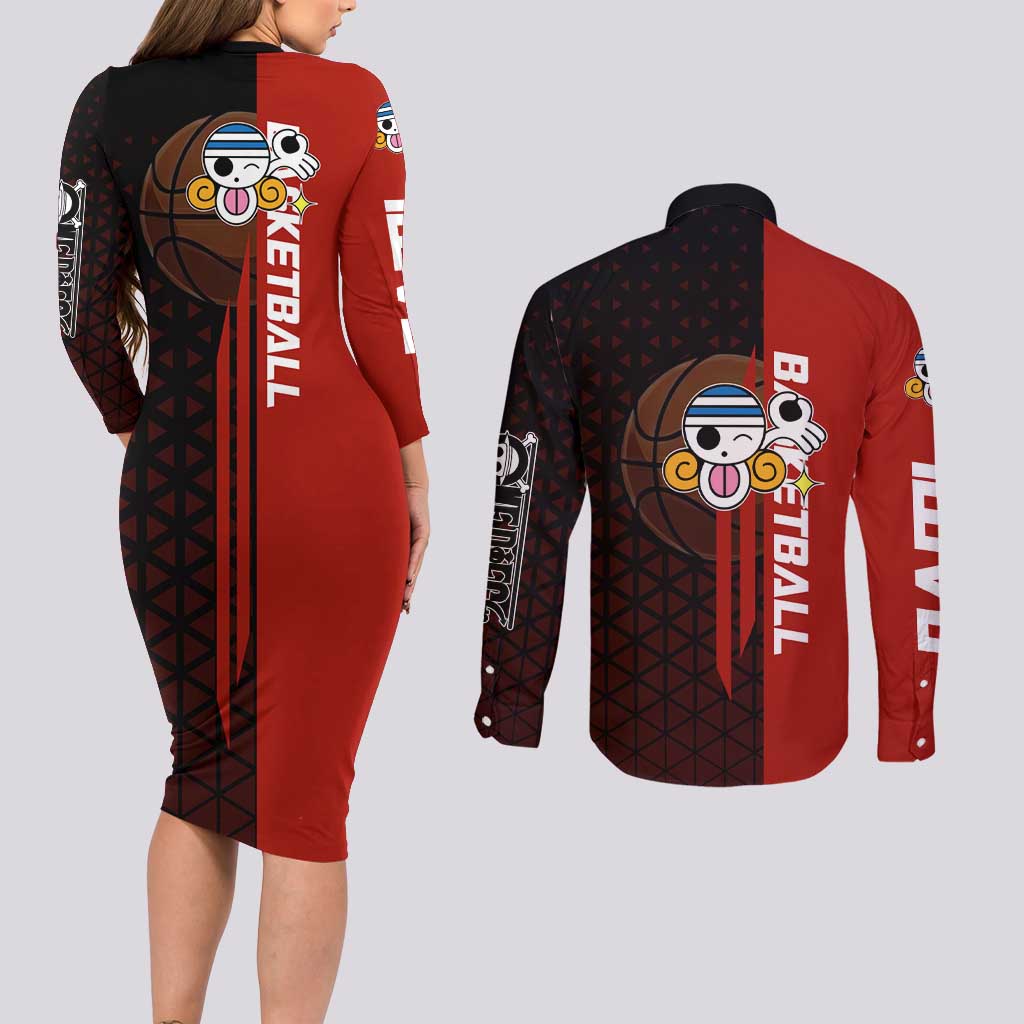 Nami One Piece Basketball Theme Red and Black Design Couples Matching Long Sleeve Bodycon Dress and Long Sleeve Button Shirt with Action Pose and Straw Hat Logo - The Mazicc