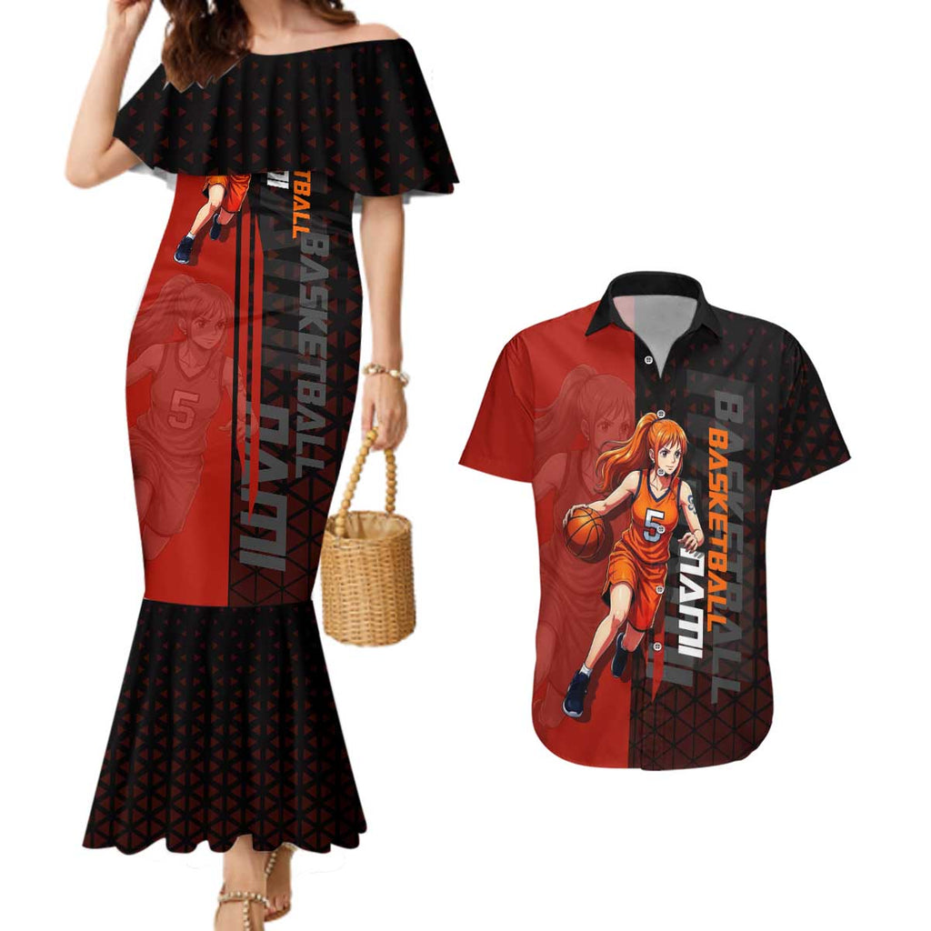 Nami One Piece Basketball Theme Red and Black Design Couples Matching Mermaid Dress and Hawaiian Shirt with Action Pose and Straw Hat Logo - The Mazicc