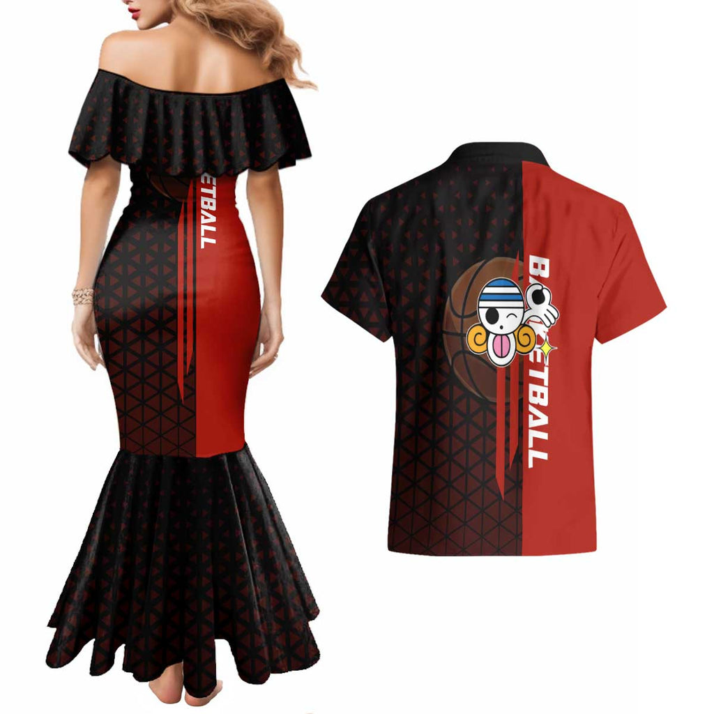 Nami One Piece Basketball Theme Red and Black Design Couples Matching Mermaid Dress and Hawaiian Shirt with Action Pose and Straw Hat Logo - The Mazicc