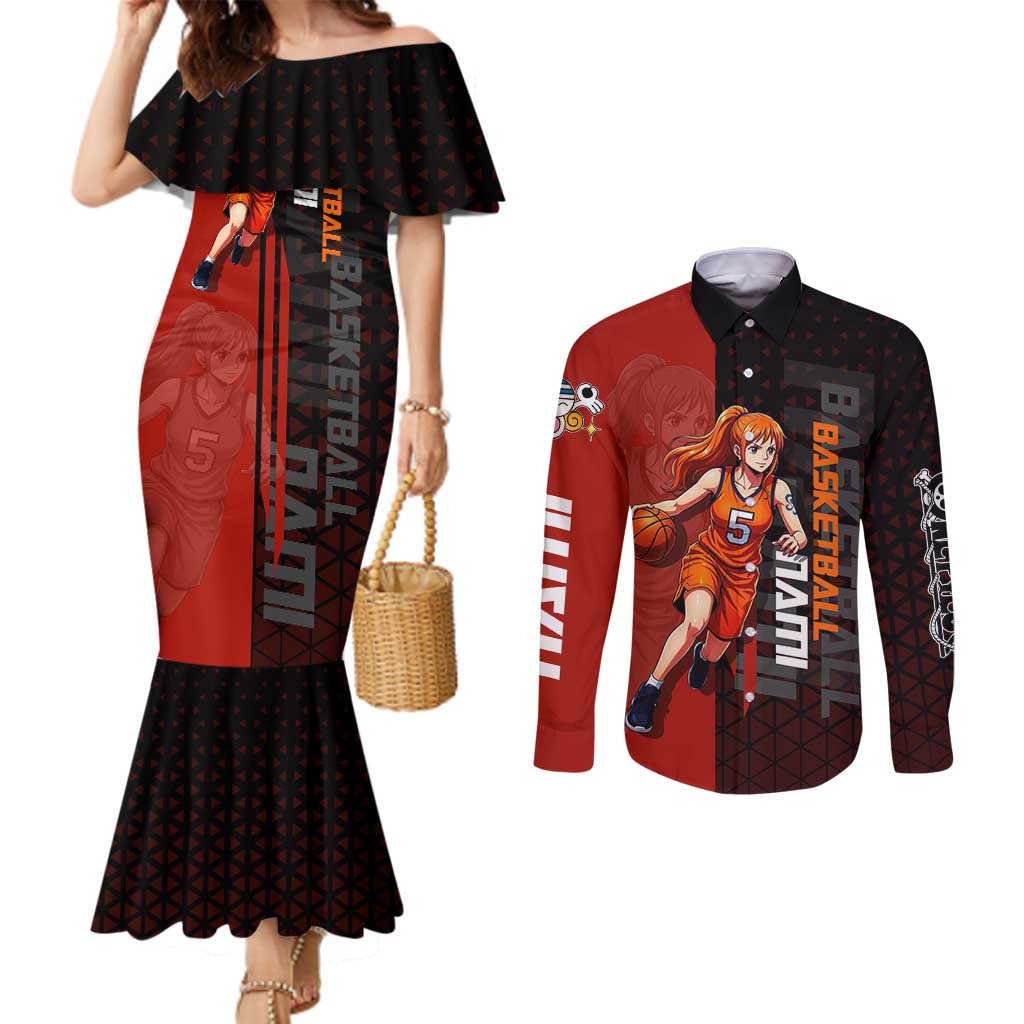 Nami One Piece Basketball Theme Red and Black Design Couples Matching Mermaid Dress and Long Sleeve Button Shirt with Action Pose and Straw Hat Logo - The Mazicc