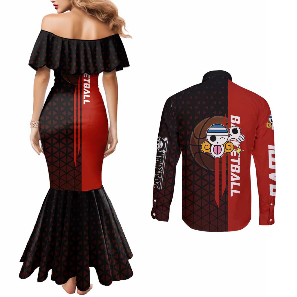 Nami One Piece Basketball Theme Red and Black Design Couples Matching Mermaid Dress and Long Sleeve Button Shirt with Action Pose and Straw Hat Logo - The Mazicc