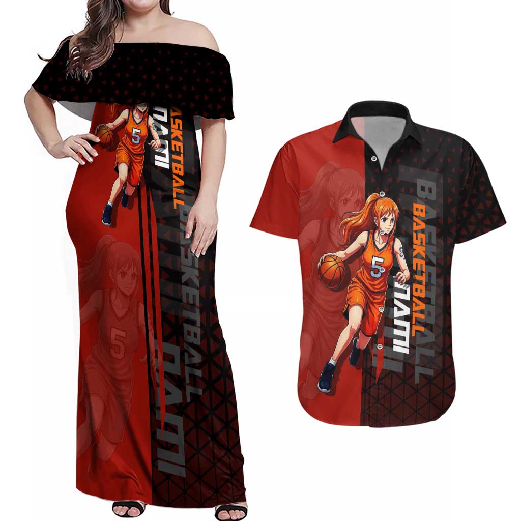 Nami One Piece Basketball Theme Red and Black Design Couples Matching Off Shoulder Maxi Dress and Hawaiian Shirt with Action Pose and Straw Hat Logo - The Mazicc