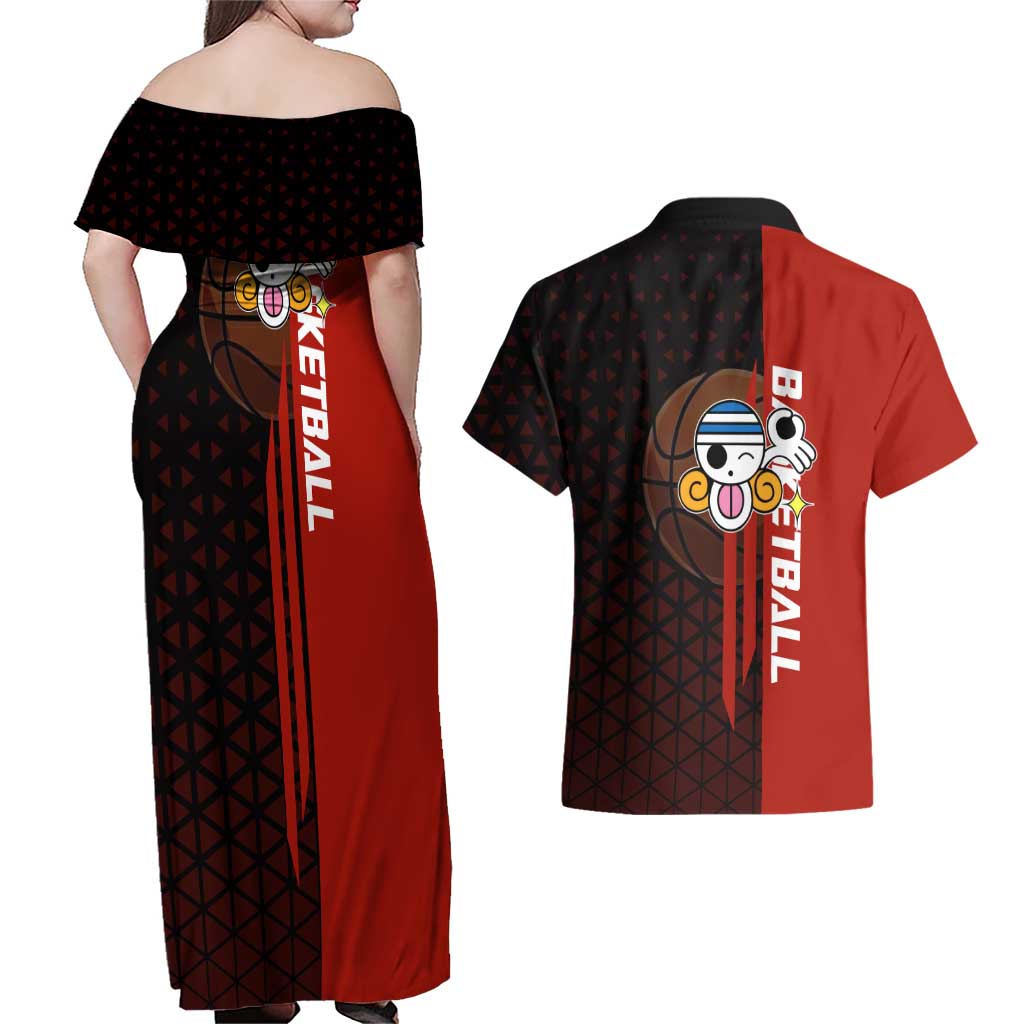 Nami One Piece Basketball Theme Red and Black Design Couples Matching Off Shoulder Maxi Dress and Hawaiian Shirt with Action Pose and Straw Hat Logo - The Mazicc