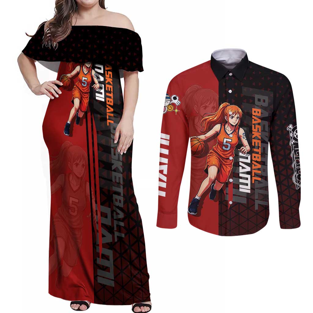 Nami One Piece Basketball Theme Red and Black Design Couples Matching Off Shoulder Maxi Dress and Long Sleeve Button Shirt with Action Pose and Straw Hat Logo - The Mazicc
