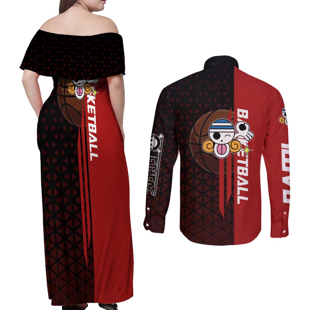 Nami One Piece Basketball Theme Red and Black Design Couples Matching Off Shoulder Maxi Dress and Long Sleeve Button Shirt with Action Pose and Straw Hat Logo - The Mazicc