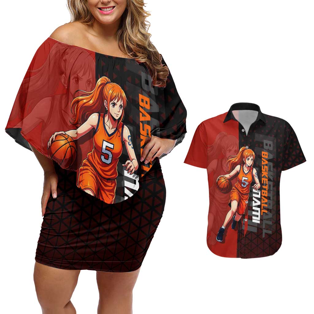 Nami One Piece Basketball Theme Red and Black Design Couples Matching Off Shoulder Short Dress and Hawaiian Shirt with Action Pose and Straw Hat Logo - The Mazicc
