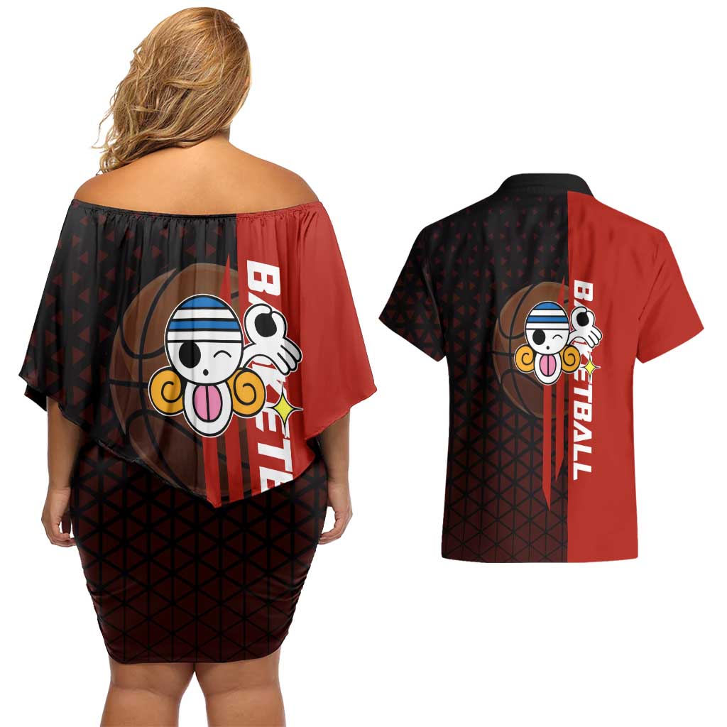 Nami One Piece Basketball Theme Red and Black Design Couples Matching Off Shoulder Short Dress and Hawaiian Shirt with Action Pose and Straw Hat Logo - The Mazicc