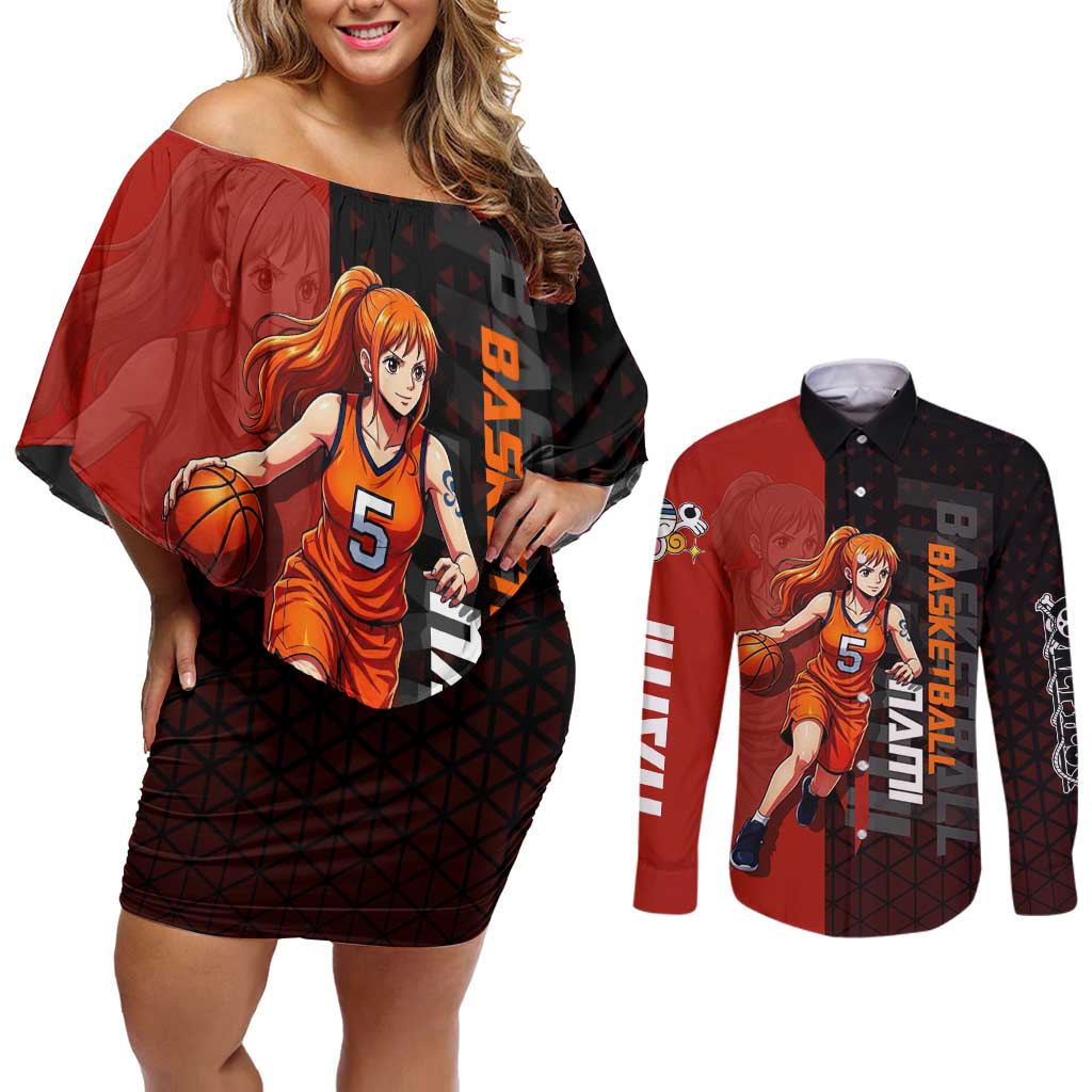 Nami One Piece Basketball Theme Red and Black Design Couples Matching Off Shoulder Short Dress and Long Sleeve Button Shirt with Action Pose and Straw Hat Logo - The Mazicc