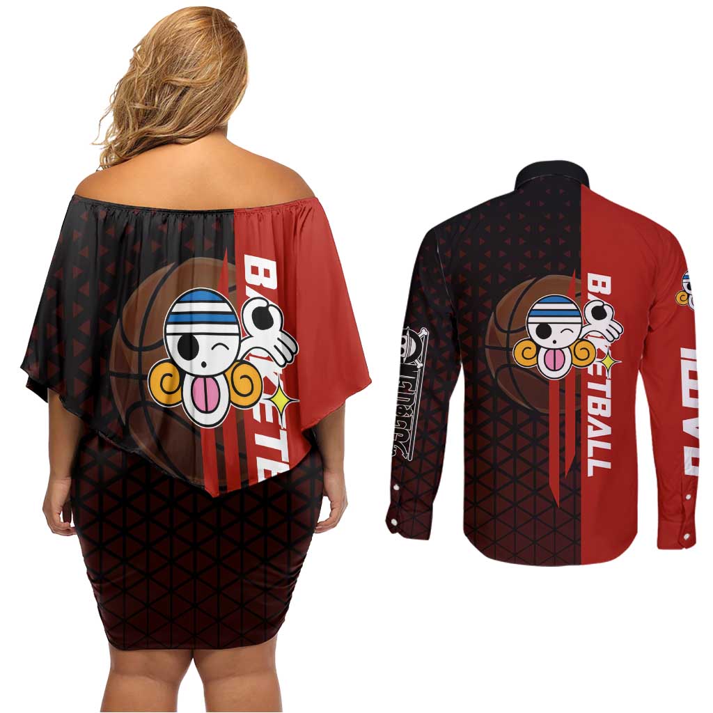 Nami One Piece Basketball Theme Red and Black Design Couples Matching Off Shoulder Short Dress and Long Sleeve Button Shirt with Action Pose and Straw Hat Logo - The Mazicc