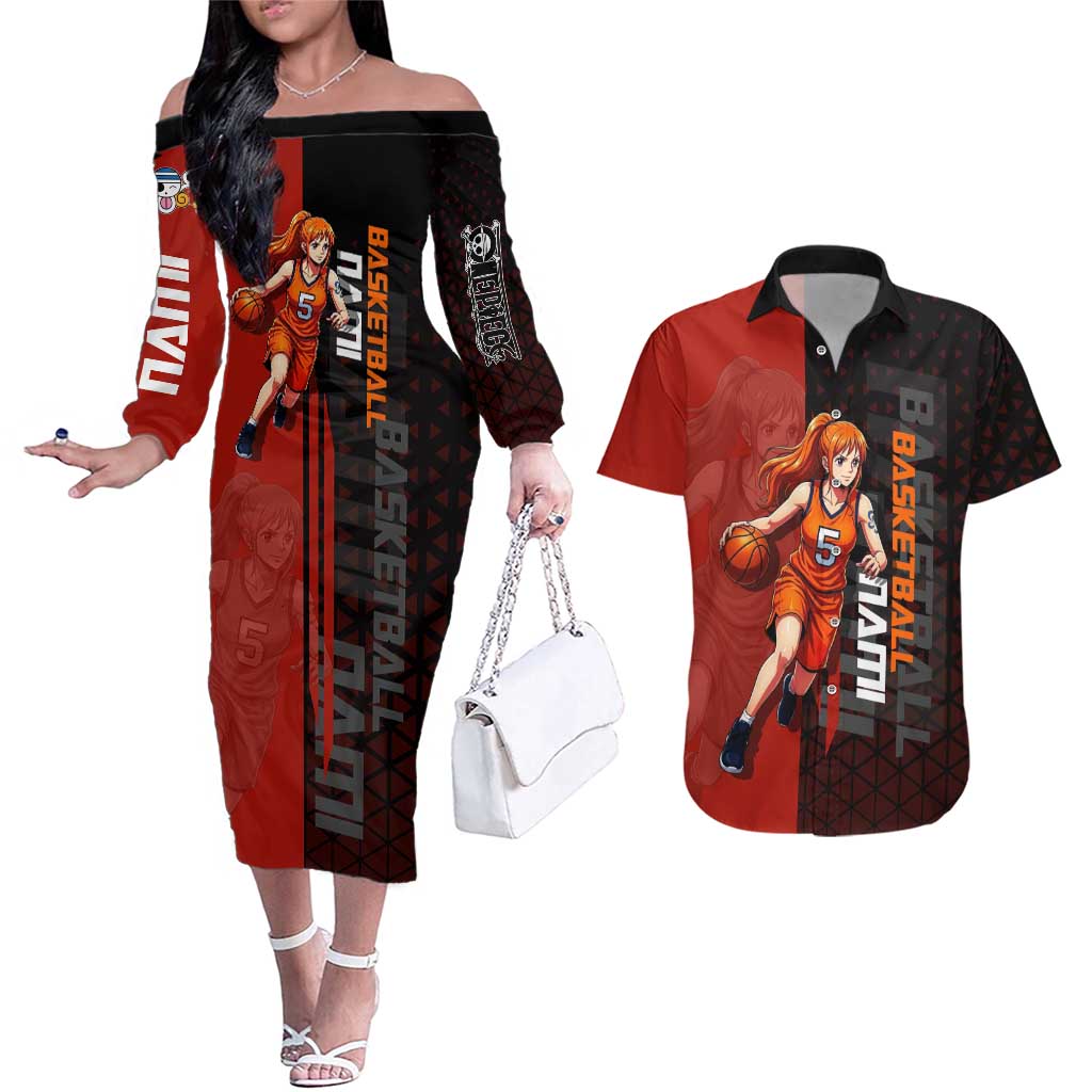 Nami One Piece Basketball Theme Red and Black Design Couples Matching Off The Shoulder Long Sleeve Dress and Hawaiian Shirt with Action Pose and Straw Hat Logo - The Mazicc
