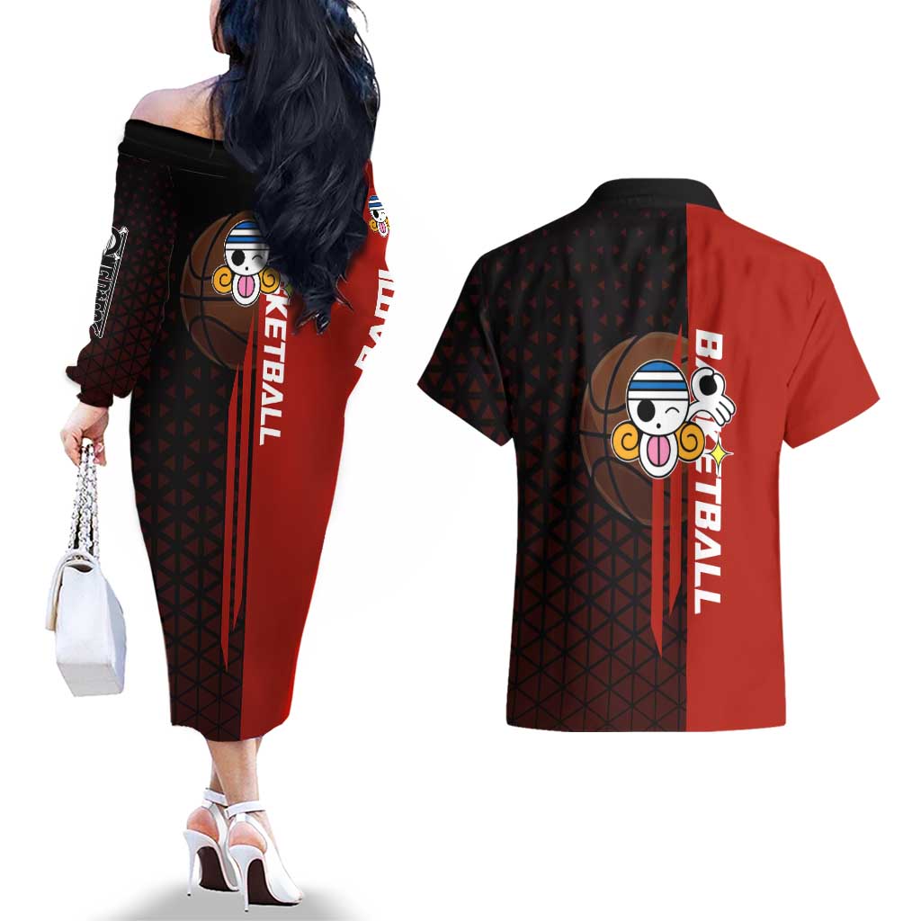 Nami One Piece Basketball Theme Red and Black Design Couples Matching Off The Shoulder Long Sleeve Dress and Hawaiian Shirt with Action Pose and Straw Hat Logo - The Mazicc