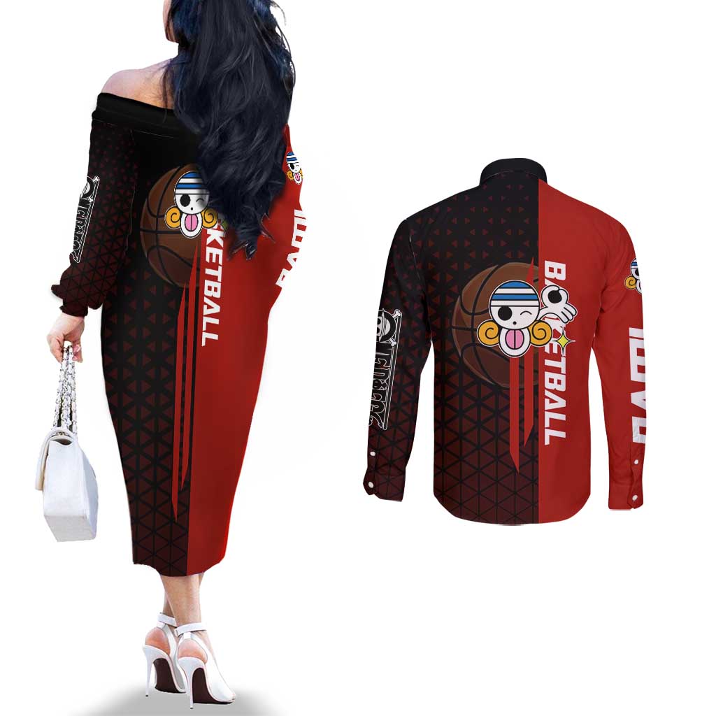 Nami One Piece Basketball Theme Red and Black Design Couples Matching Off The Shoulder Long Sleeve Dress and Long Sleeve Button Shirt with Action Pose and Straw Hat Logo - The Mazicc
