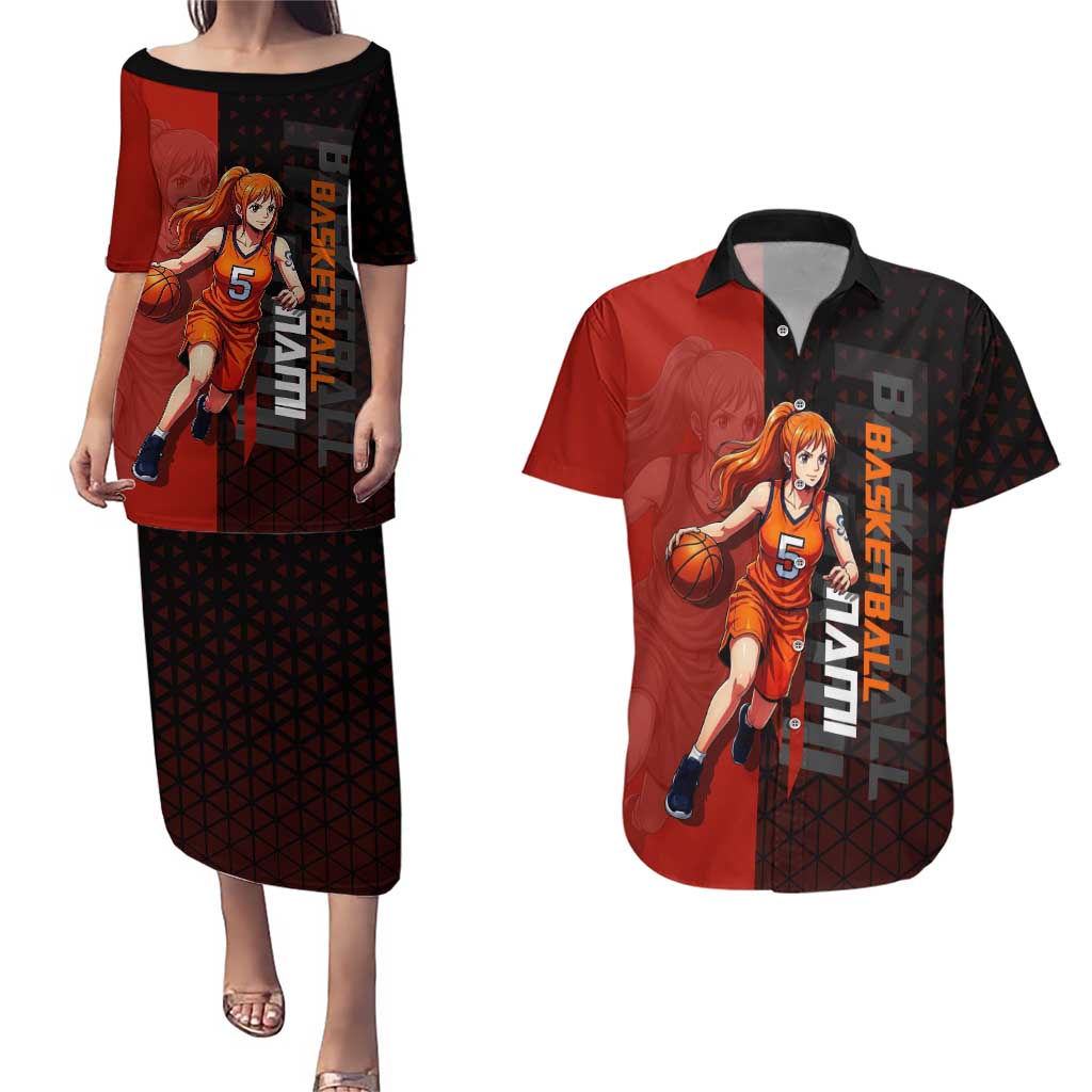 Nami One Piece Basketball Theme Red and Black Design Couples Matching Puletasi and Hawaiian Shirt with Action Pose and Straw Hat Logo - The Mazicc