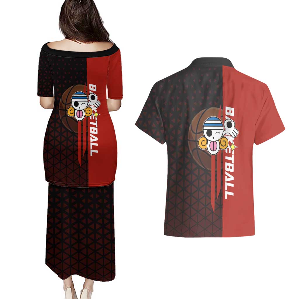 Nami One Piece Basketball Theme Red and Black Design Couples Matching Puletasi and Hawaiian Shirt with Action Pose and Straw Hat Logo - The Mazicc