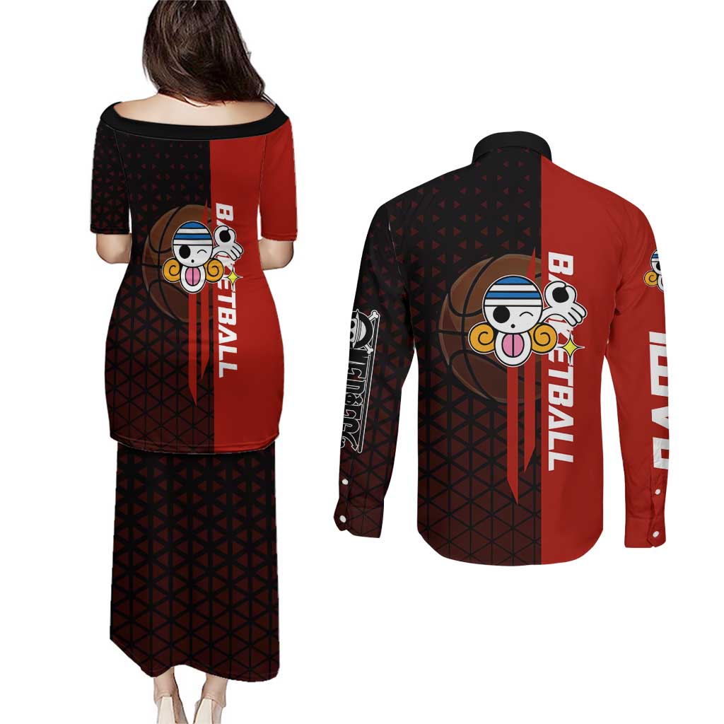 Nami One Piece Basketball Theme Red and Black Design Couples Matching Puletasi and Long Sleeve Button Shirt with Action Pose and Straw Hat Logo - The Mazicc