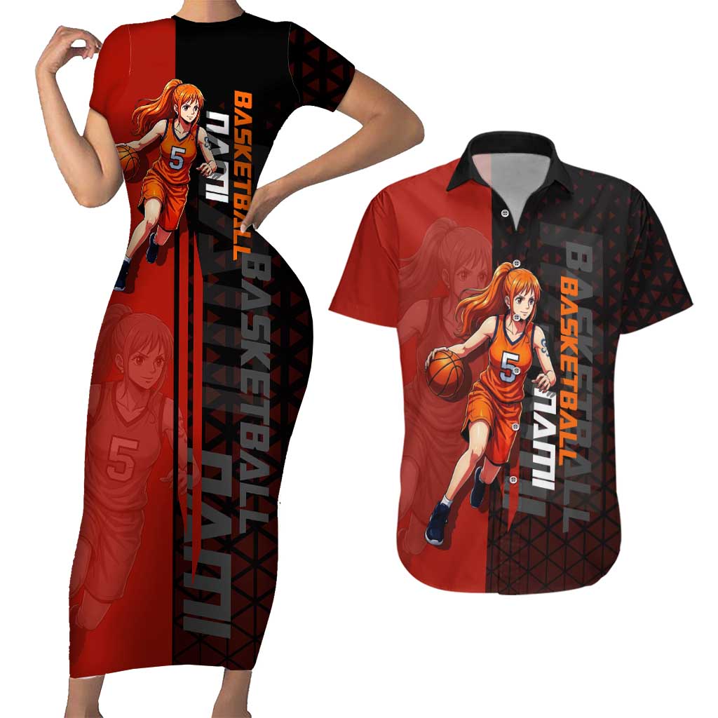 Nami One Piece Basketball Theme Red and Black Design Couples Matching Short Sleeve Bodycon Dress and Hawaiian Shirt with Action Pose and Straw Hat Logo - The Mazicc