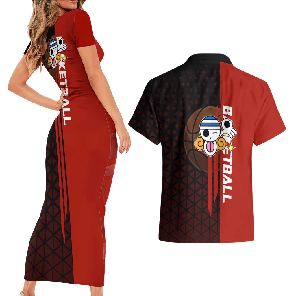 Nami One Piece Basketball Theme Red and Black Design Couples Matching Short Sleeve Bodycon Dress and Hawaiian Shirt with Action Pose and Straw Hat Logo - The Mazicc