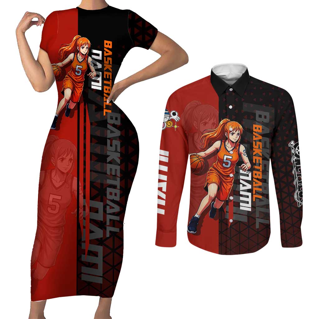 Nami One Piece Basketball Theme Red and Black Design Couples Matching Short Sleeve Bodycon Dress and Long Sleeve Button Shirt with Action Pose and Straw Hat Logo - The Mazicc