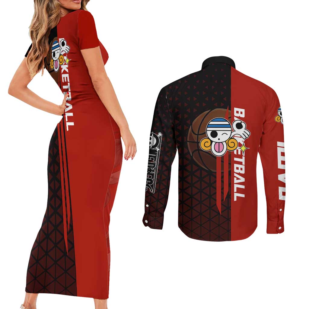 Nami One Piece Basketball Theme Red and Black Design Couples Matching Short Sleeve Bodycon Dress and Long Sleeve Button Shirt with Action Pose and Straw Hat Logo - The Mazicc