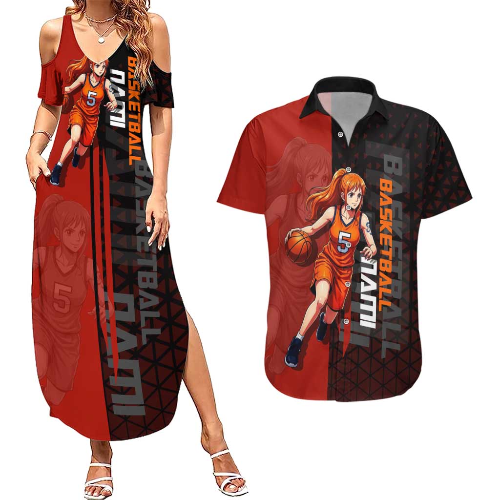 Nami One Piece Basketball Theme Red and Black Design Couples Matching Summer Maxi Dress and Hawaiian Shirt with Action Pose and Straw Hat Logo - The Mazicc