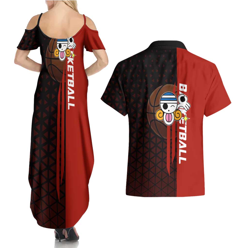 Nami One Piece Basketball Theme Red and Black Design Couples Matching Summer Maxi Dress and Hawaiian Shirt with Action Pose and Straw Hat Logo - The Mazicc