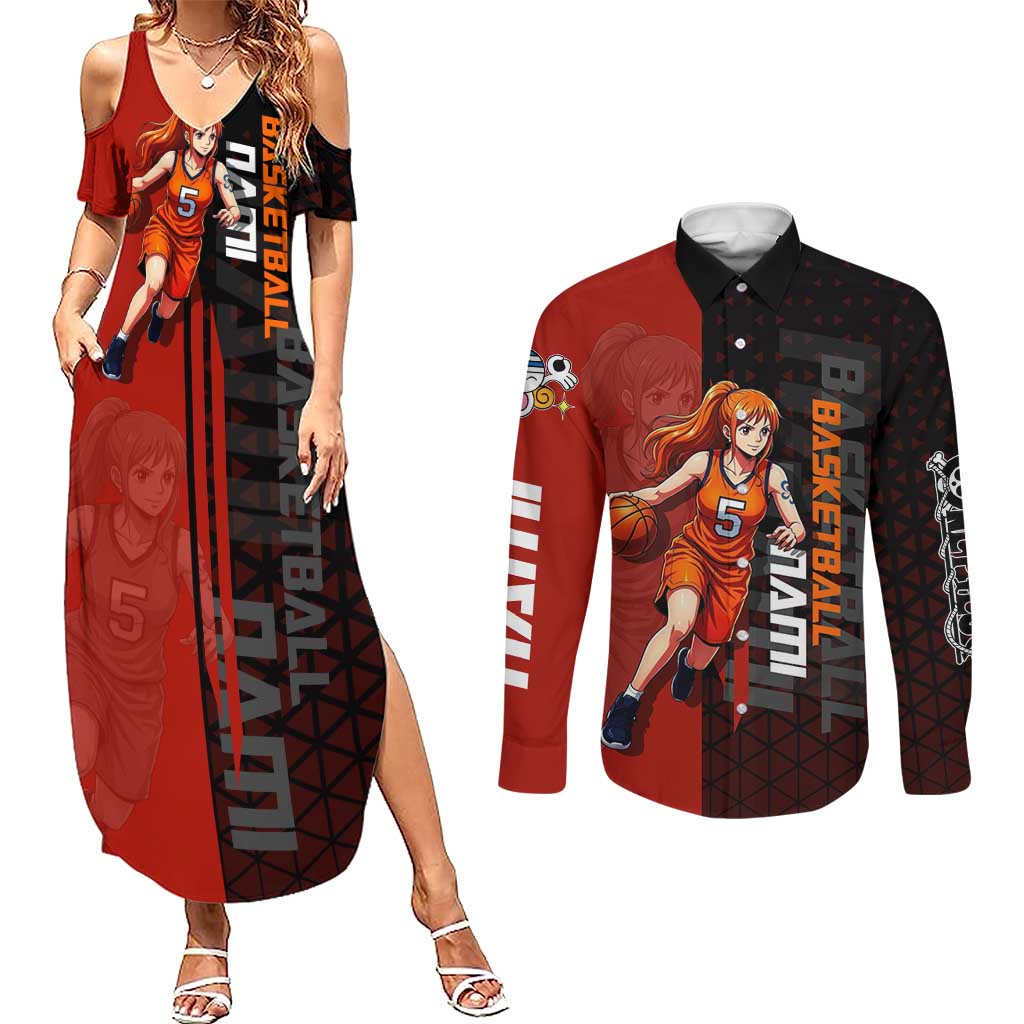 Nami One Piece Basketball Theme Red and Black Design Couples Matching Summer Maxi Dress and Long Sleeve Button Shirt with Action Pose and Straw Hat Logo - The Mazicc