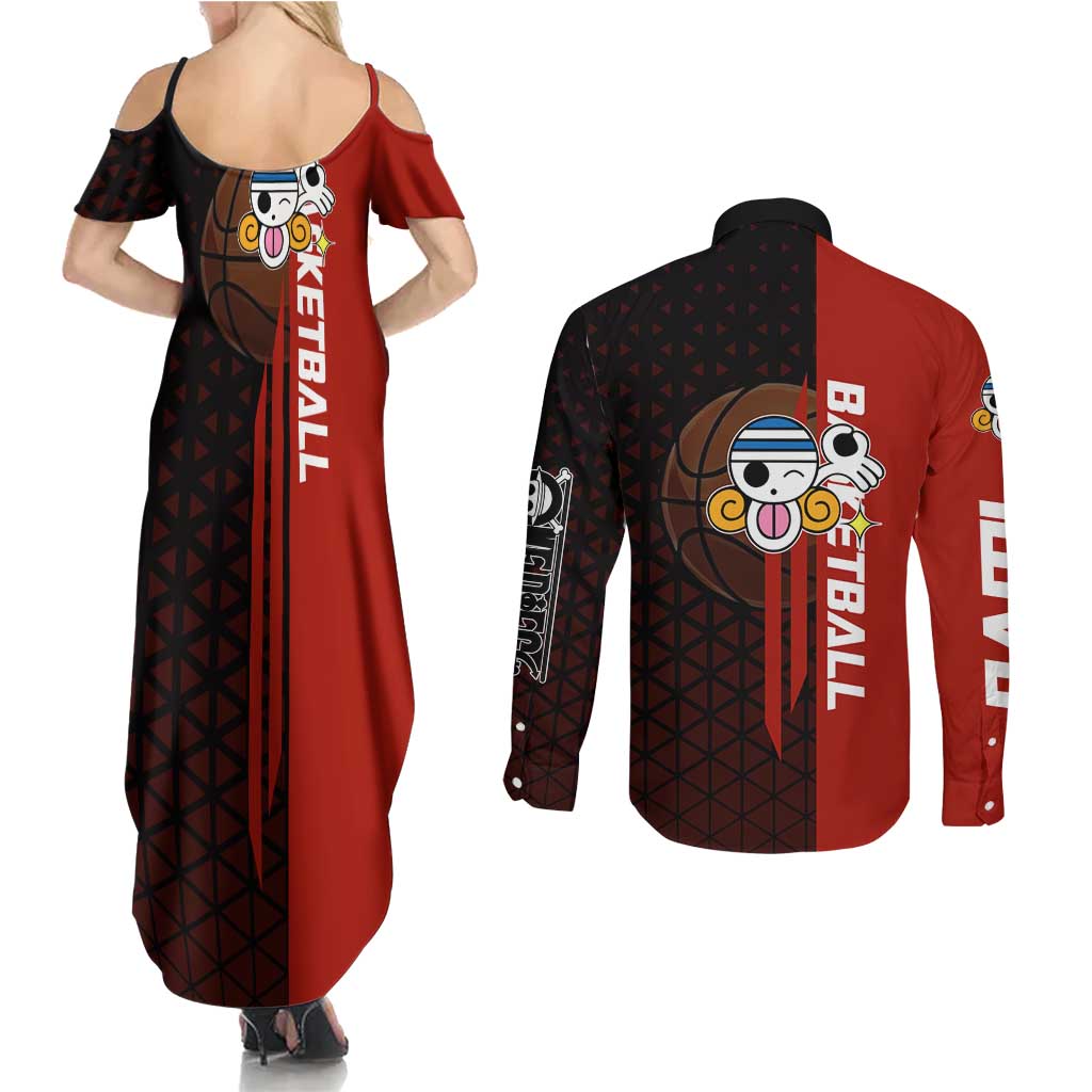 Nami One Piece Basketball Theme Red and Black Design Couples Matching Summer Maxi Dress and Long Sleeve Button Shirt with Action Pose and Straw Hat Logo - The Mazicc