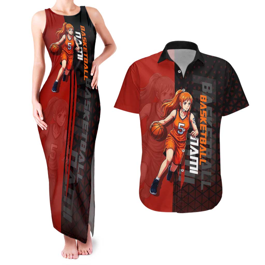 Nami One Piece Basketball Theme Red and Black Design Couples Matching Tank Maxi Dress and Hawaiian Shirt with Action Pose and Straw Hat Logo - The Mazicc