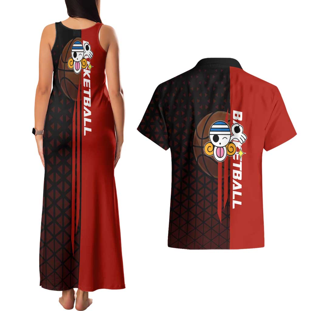Nami One Piece Basketball Theme Red and Black Design Couples Matching Tank Maxi Dress and Hawaiian Shirt with Action Pose and Straw Hat Logo - The Mazicc