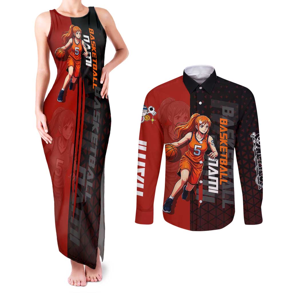 Nami One Piece Basketball Theme Red and Black Design Couples Matching Tank Maxi Dress and Long Sleeve Button Shirt with Action Pose and Straw Hat Logo - The Mazicc