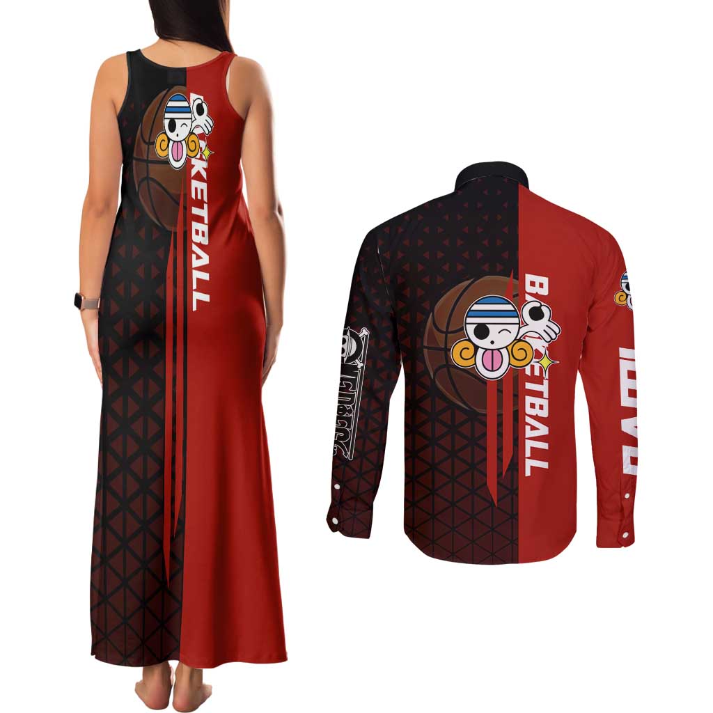 Nami One Piece Basketball Theme Red and Black Design Couples Matching Tank Maxi Dress and Long Sleeve Button Shirt with Action Pose and Straw Hat Logo - The Mazicc