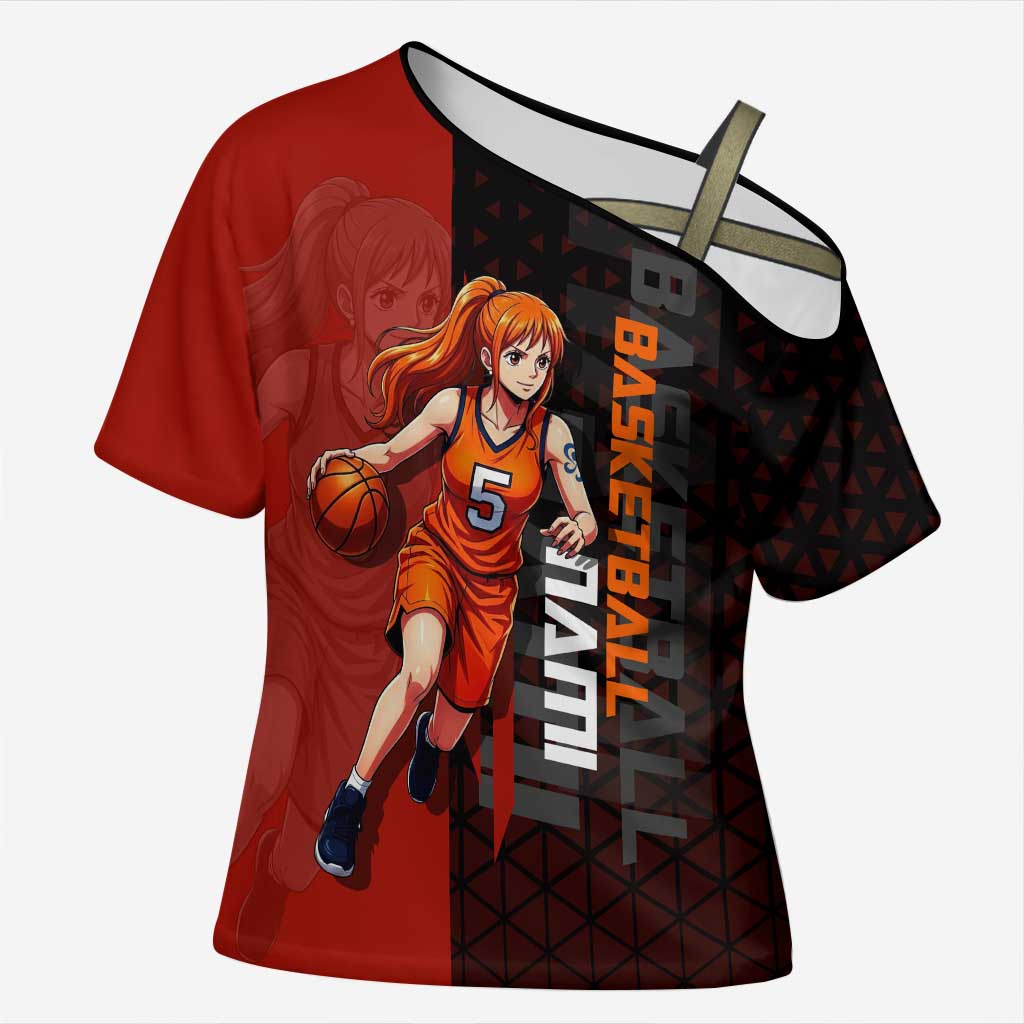 Nami One Piece Basketball Theme Red and Black Design Cross Shoulder Shirt with Action Pose and Straw Hat Logo - The Mazicc