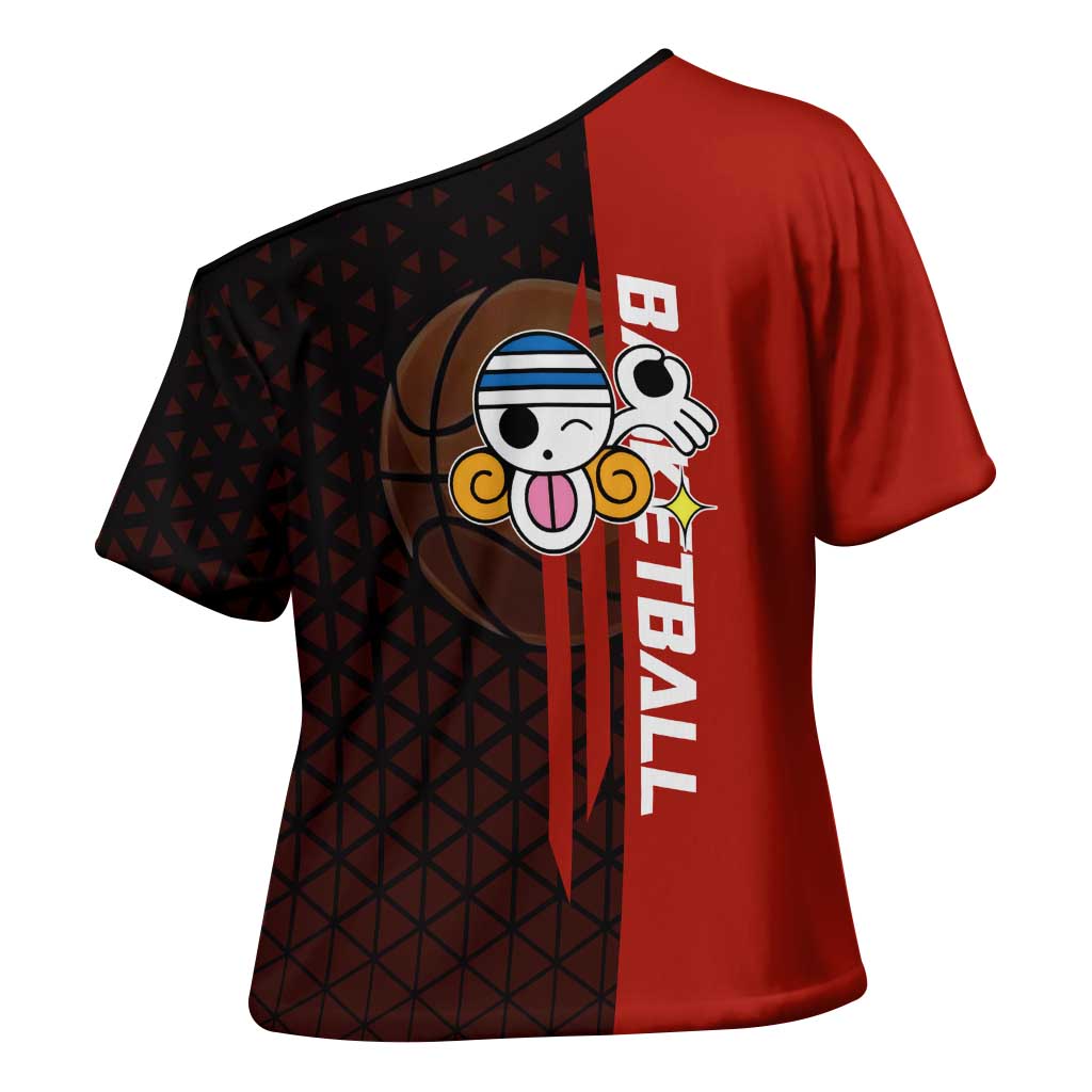Nami One Piece Basketball Theme Red and Black Design Cross Shoulder Shirt with Action Pose and Straw Hat Logo - The Mazicc