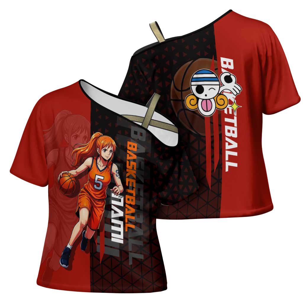 Nami One Piece Basketball Theme Red and Black Design Cross Shoulder Shirt with Action Pose and Straw Hat Logo - The Mazicc