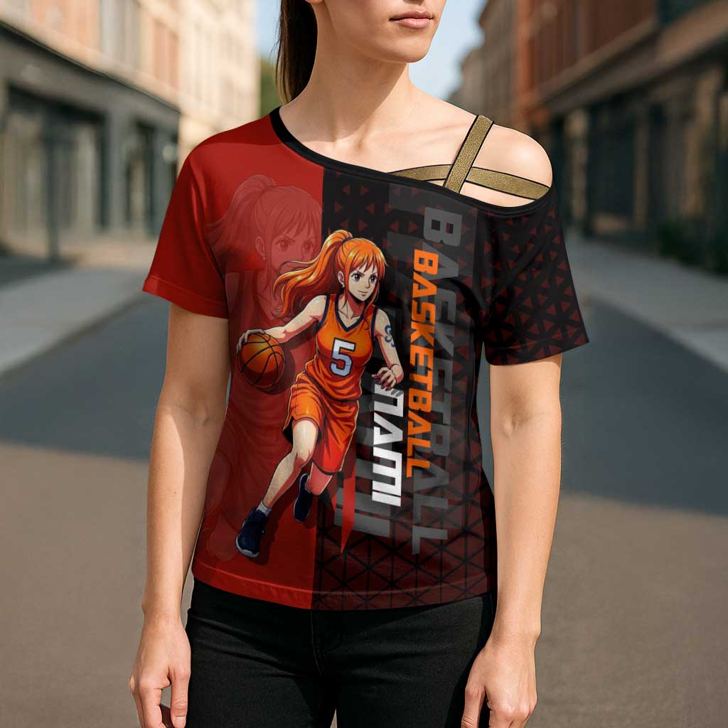 Nami One Piece Basketball Theme Red and Black Design Cross Shoulder Shirt with Action Pose and Straw Hat Logo - The Mazicc