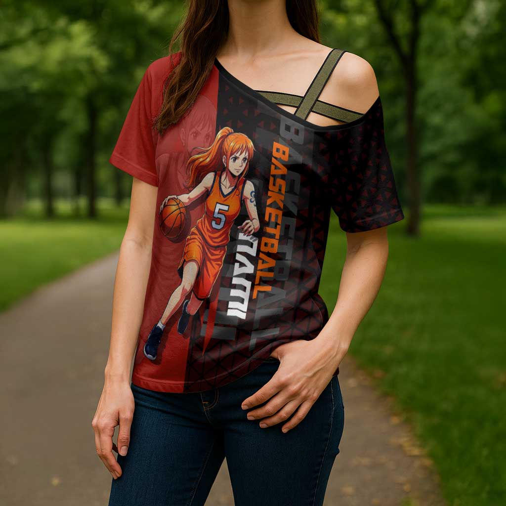 Nami One Piece Basketball Theme Red and Black Design Cross Shoulder Shirt with Action Pose and Straw Hat Logo - The Mazicc