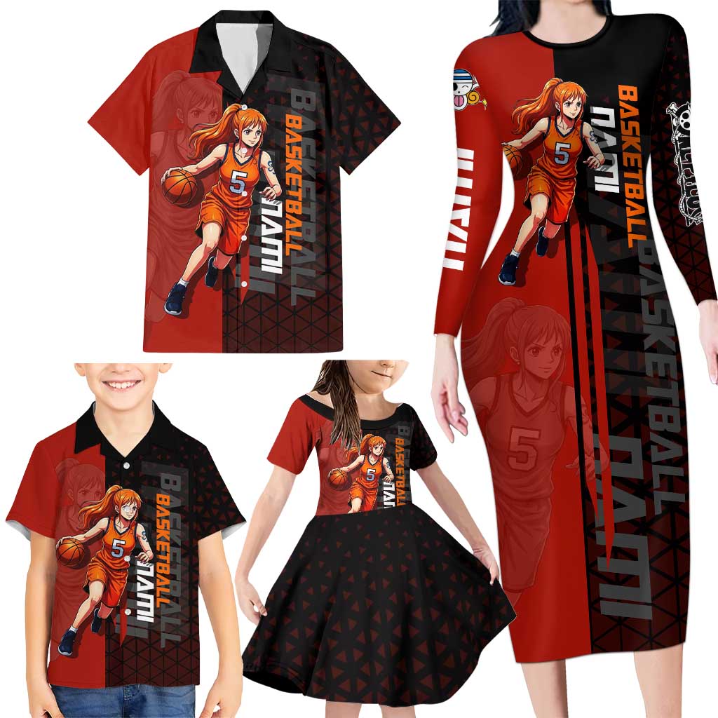 Nami One Piece Basketball Theme Red and Black Design Family Matching Long Sleeve Bodycon Dress and Hawaiian Shirt with Action Pose and Straw Hat Logo
